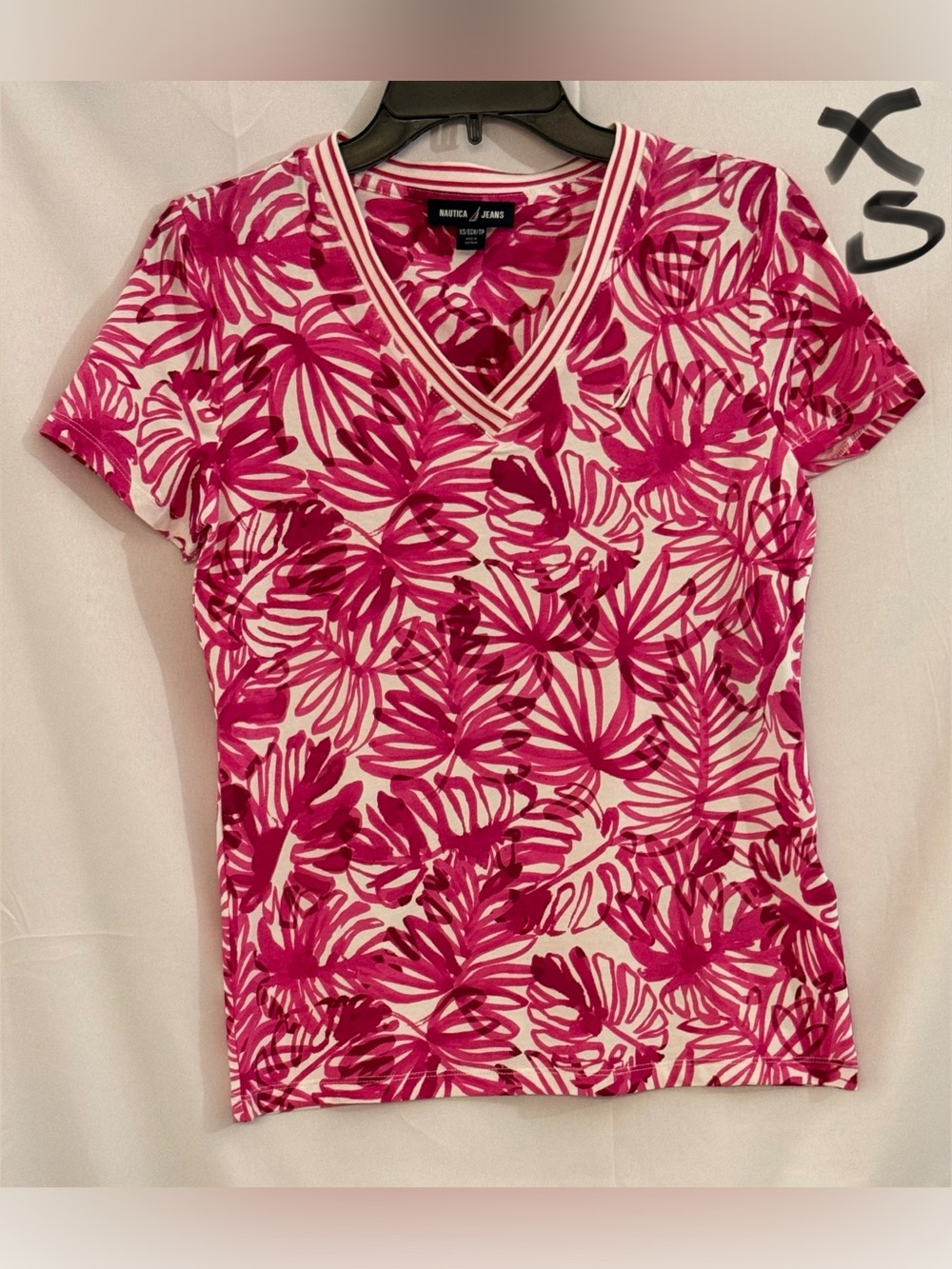 Nautica Fuchsia & White Floral V-Neck Short Sleeve Tee
